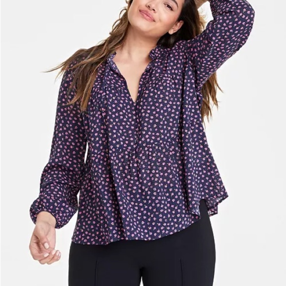 Blue and Purple Puff Sleeve Notched Collar Blouse
